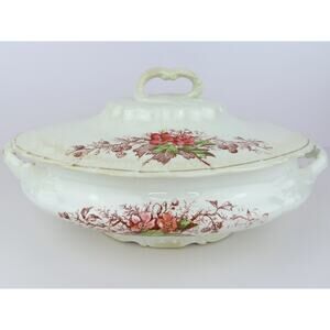 John Maddock Sons Royal Vitreous Covered Vegetable Bowl Ironstone Floral Antique